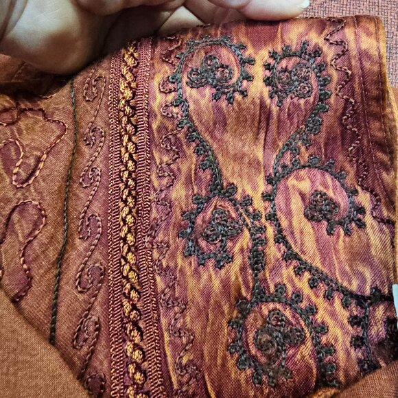 Bohemian Embroidered Maxi Dress OS Rust Button Front Tie Back Flowy Viscose - Picture 4 of 10